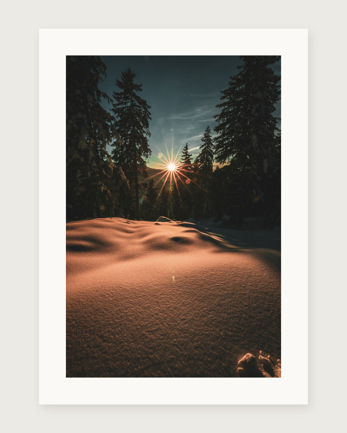 Fine Art Edition «Winterabend»: Sonnenstern zwischen Tannen über Schnee bei Albinen, Pigmentdruck mit weissem Rand, ohne Wortmarke