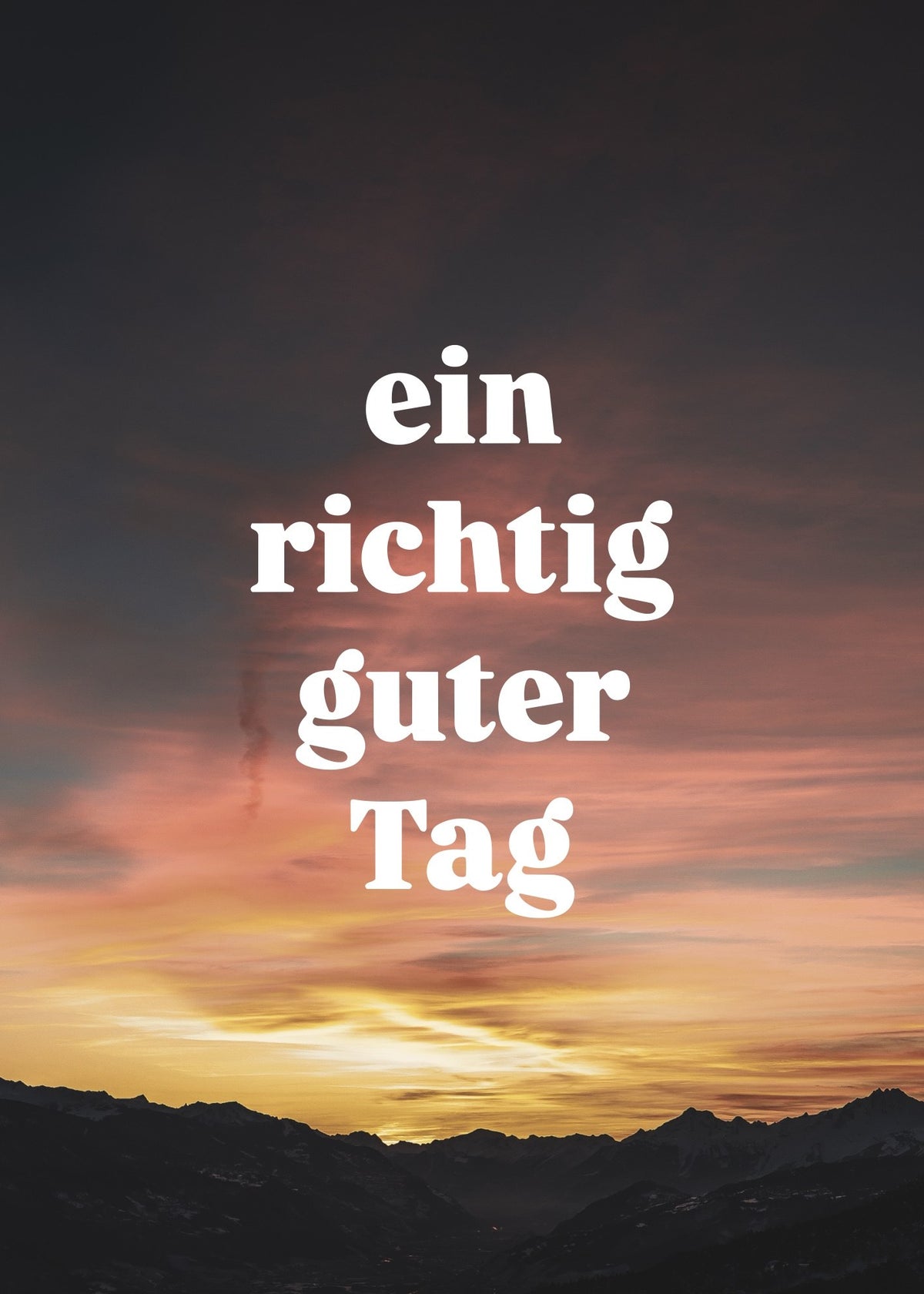 Poster 50 × 70 cm, Motiv «Abendrot»: roter und gelber Abendhimmel über dunkler Bergsilhouette, Wortmarke gross in der Mitte