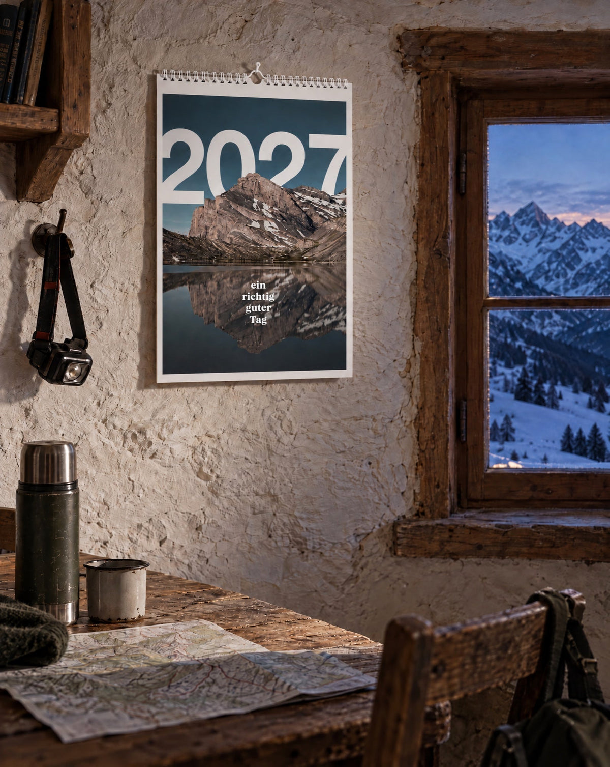 Wandkalender 2027 an der weissen Steinwand einer Berghütte, Fenster mit Blick auf verschneite Gipfel (Visualisierung)