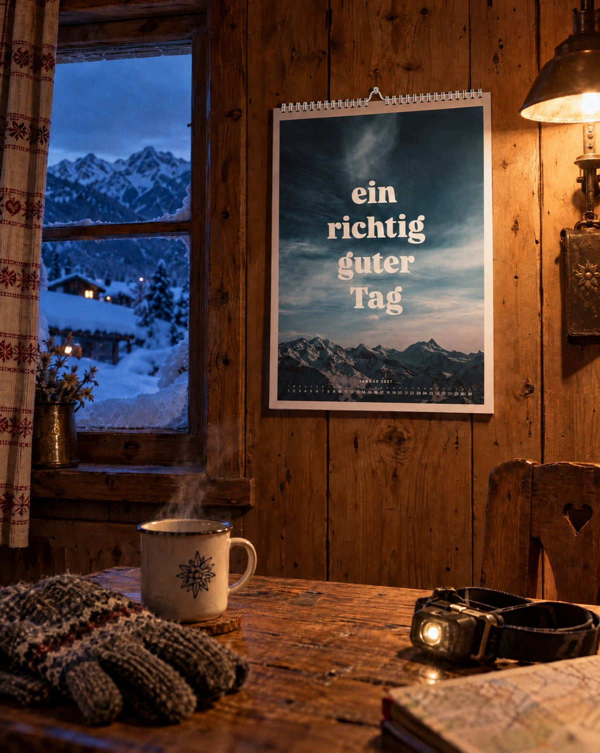 Wandkalender 2027, Blatt Januar, in einer Walliser Stube am Winterabend (Visualisierung)