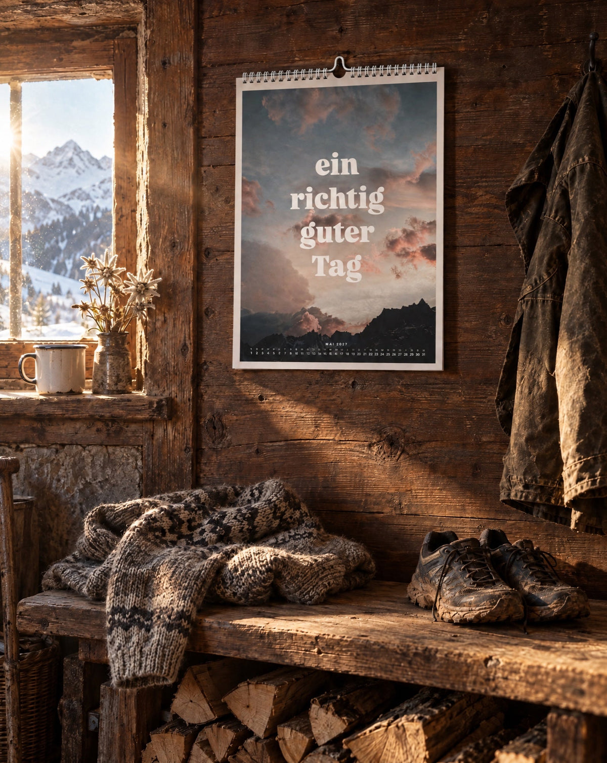 Wandkalender 2027, Blatt Mai, an der Holzwand eines Chalets in der Morgensonne (Visualisierung)