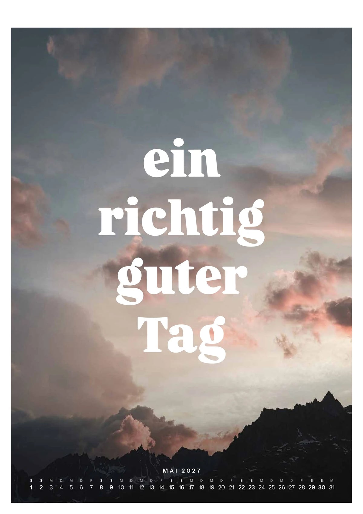 Wandkalender 2027, Blatt Mai: rosa Wolken über dunklen Bergsilhouetten am Furkapass im Goms