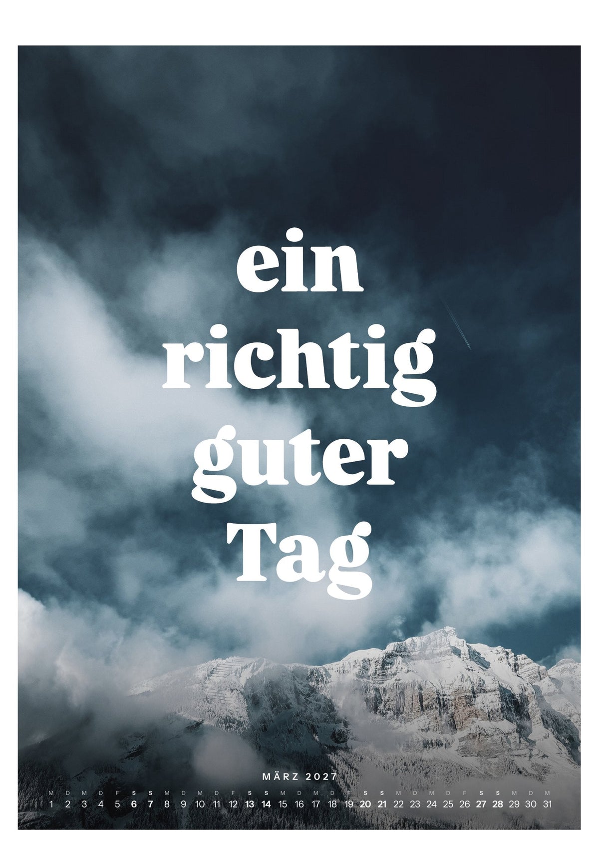 Wandkalender 2027, Blatt März: verschneite Felswand mit aufziehenden Wolken