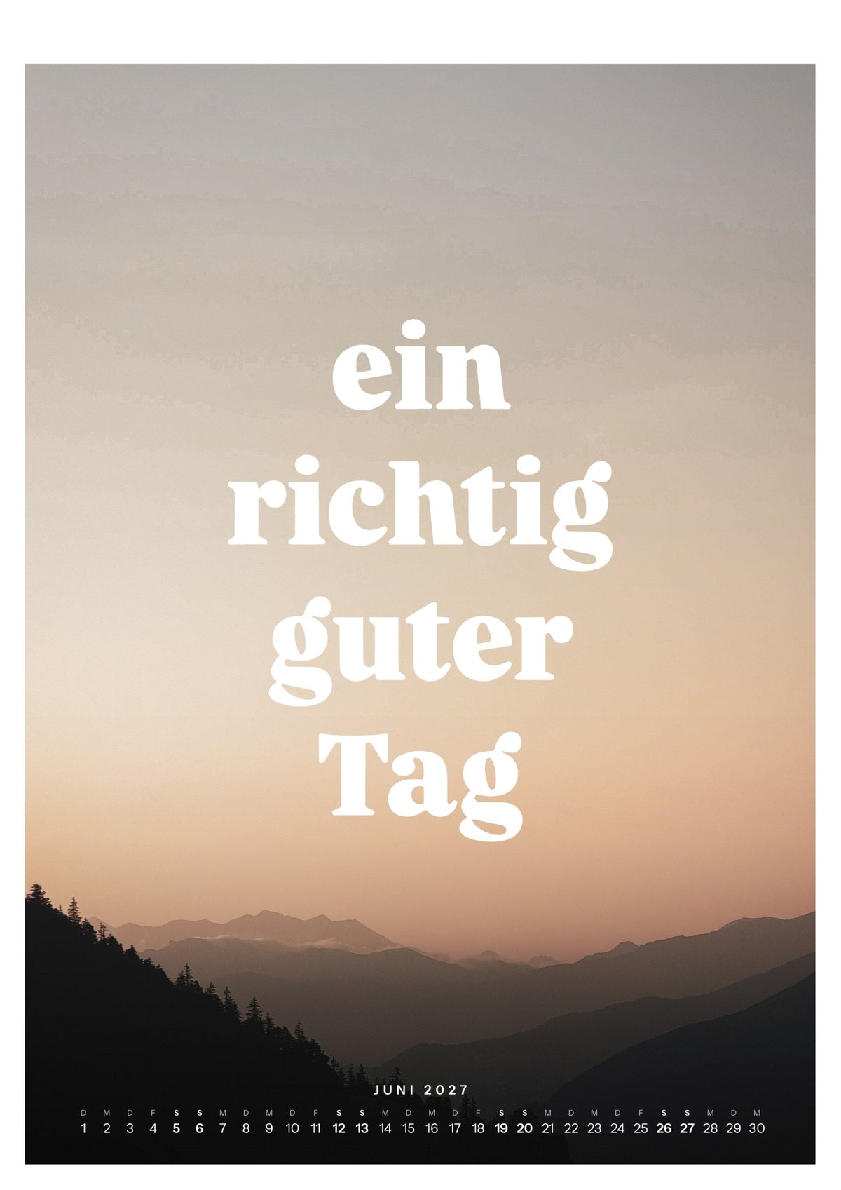 Wandkalender 2027, Blatt Juni: rosa Morgenhimmel über gestaffelten Bergketten