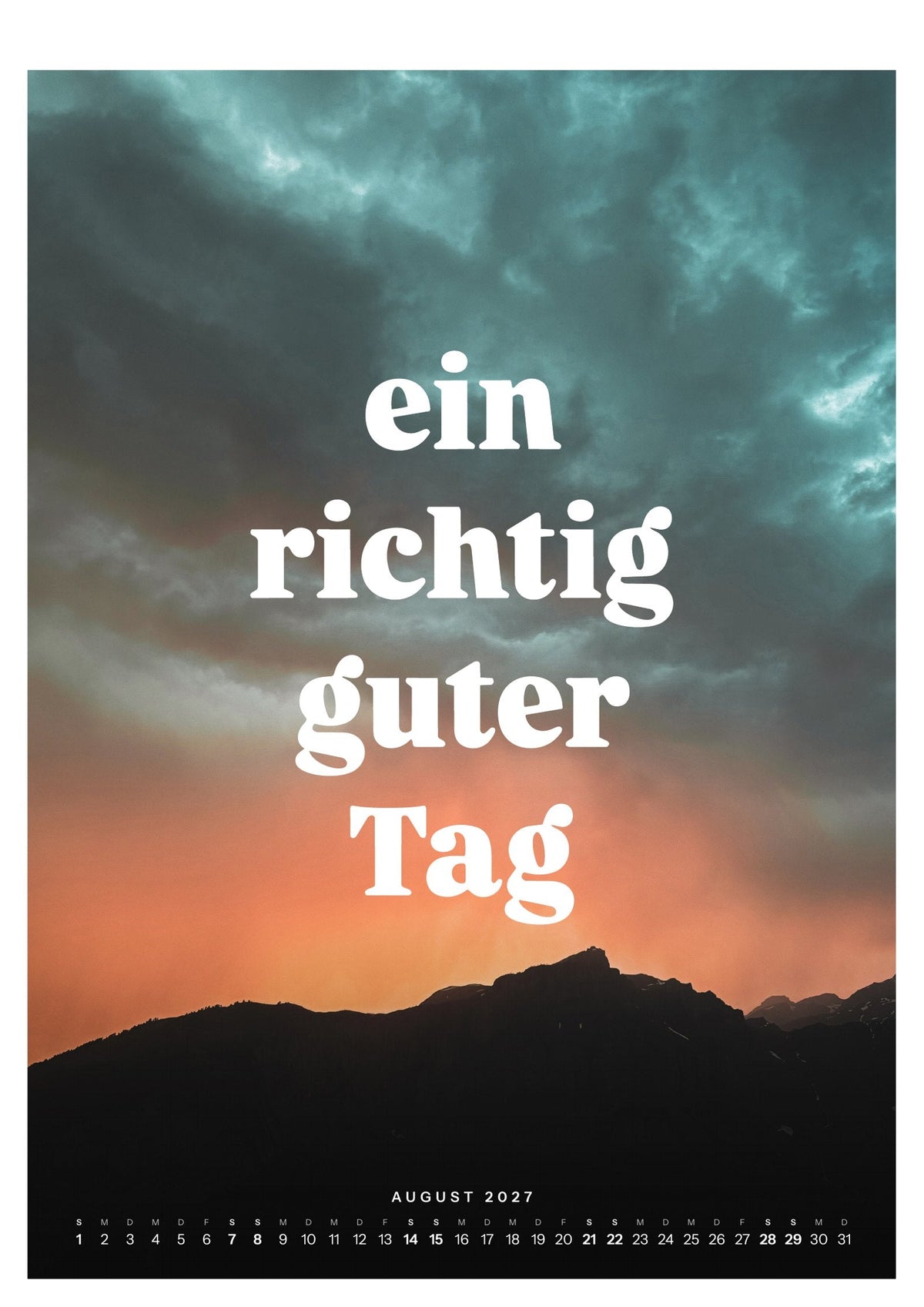 Wandkalender 2027, Blatt August: glühende Wolken und Regenschauer über einem Grat
