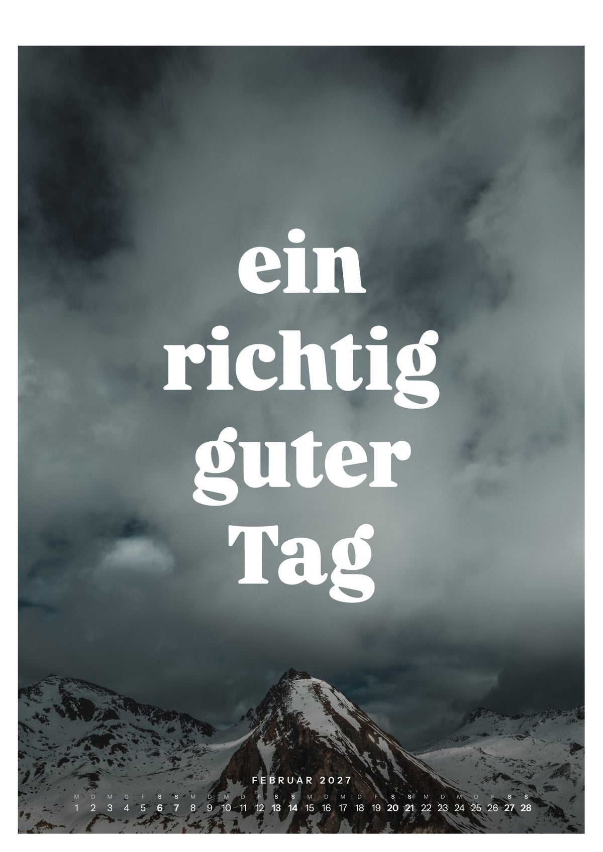Wandkalender 2027, Blatt Februar: verschneiter Gipfel unter Wolken